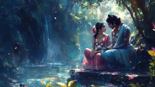 Luminous forest lovers share a quiet moment by the water