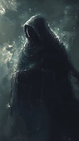 Hooded robed figure in dark environment with diffuse light.