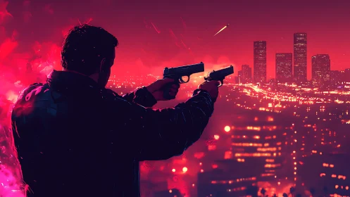 Gunman silhouette overlooking neon red cyberpunk cityscape.