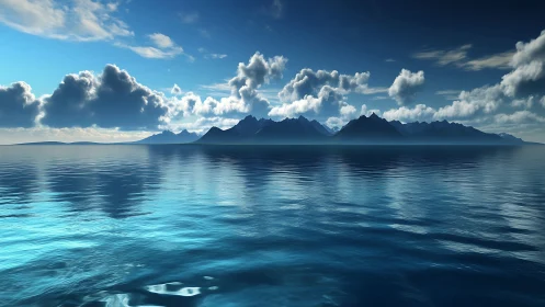 Serene ocean expanse reflects distant mountains under stratocumulus