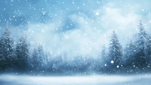 Snowflake-dusted pine forest dreaming under pale winter sky.