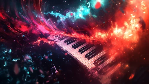 Piano keyboard amid swirling red and blue abstract light.