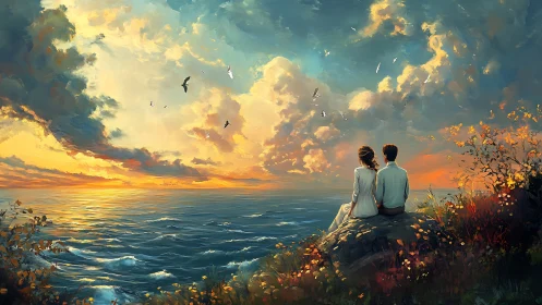 Two Figures Observing Seascape Sunset with Atmospheric Cloud Formations.