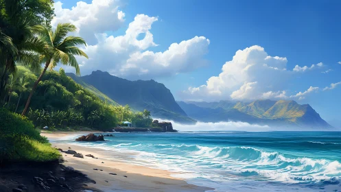 Tropical coastal landscape with mountain formation and ocean waves.