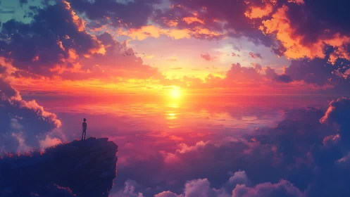 Solitary figure watches radiant oceanic sunset horizon.