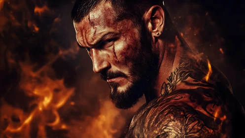 Battle-scarred tattooed fighter glares amid stylized flames
