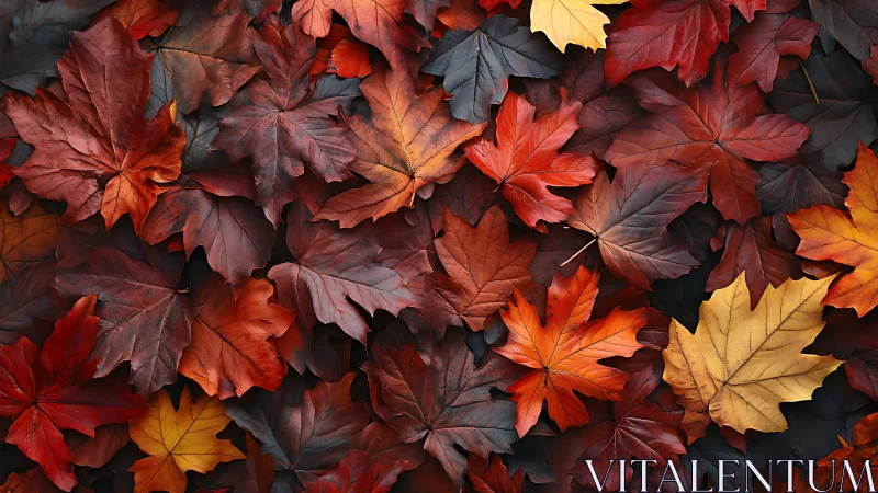 Crimson and amber maple foliage in layered autumn carpet.