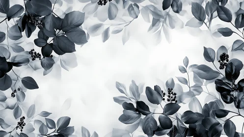 Monochrome foliage branches frame a light central background