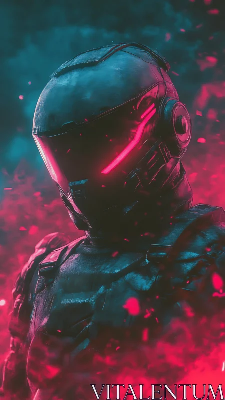 Armored sci fi soldier stands in neon smoke and darkness