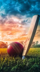 Cricket bat and ball at sunset on vivid grassy pitch.