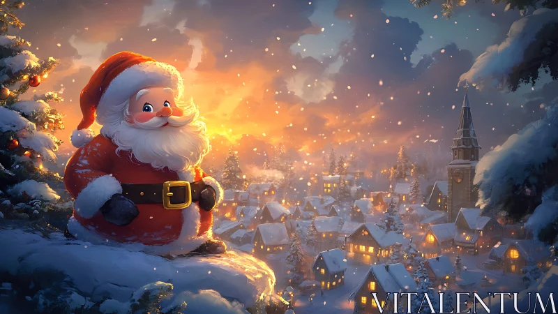 Santa overlooking glowing snowy village at golden sunset.