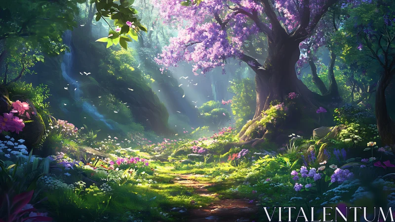 Enchanted Forest Clearing with Blooming Trees and Mist.