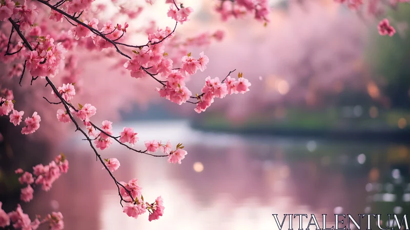 Pink flowering tree branches with soft-focus bokeh background and water