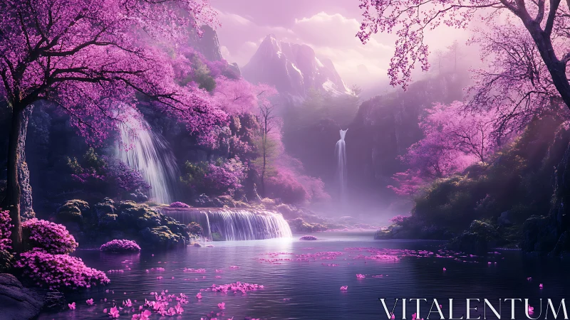 Dreamy pink waterfalls drifting through a quiet mountain grove.