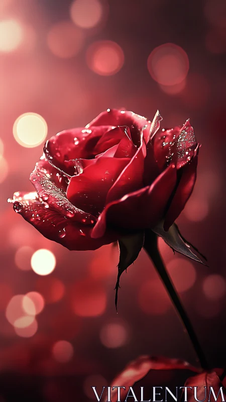 Deep Red Rose with Dew Droplets Against Soft Bokeh Lighting