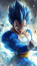 Blue-haired anime warrior stands powered by explosive aura