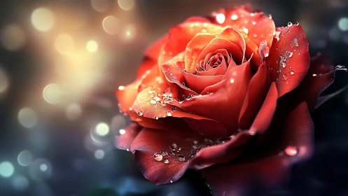 Crimson Rose with Dewdrops: Macro Floral Study with Bokeh.