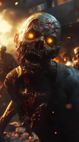 Flaming-eyed zombie lunges through burning city street.