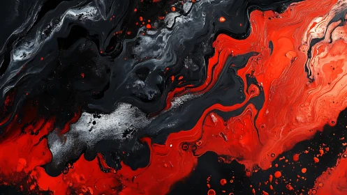 Molten red and black fluid abstraction stirs a volcanic calm