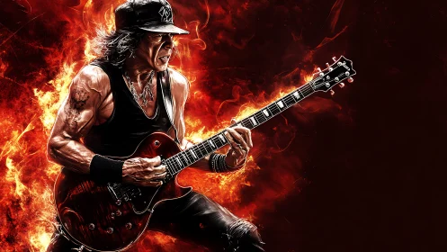 Electric rock guitarist rendered against dynamic fiery backdrop