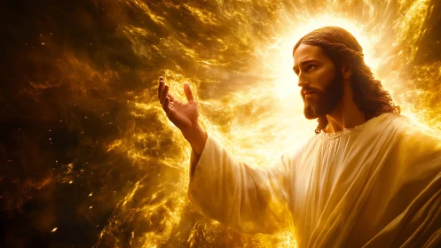 Radiant robed figure reaching through swirling golden light.