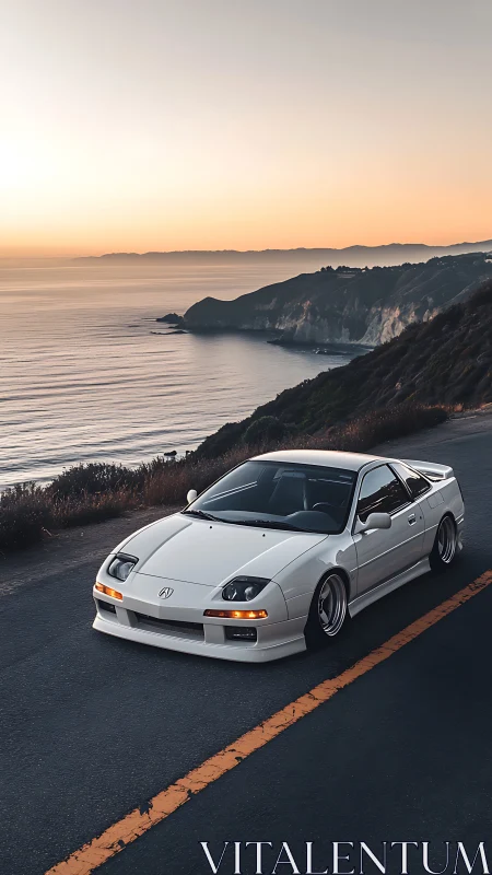 White coupe on coastal highway at dusk near ocean cliffs.
