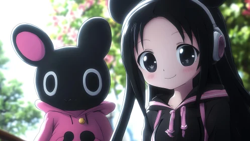 Anime girl with rabbit mascot hoodie in soft daylight.