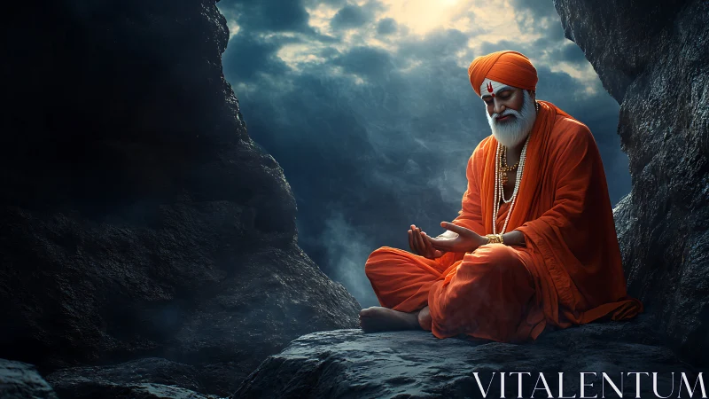 Meditating orange-robed sage sits in storm-lit mountain cave