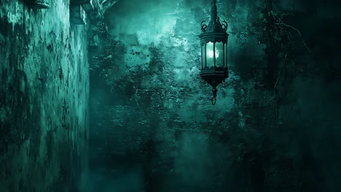 Gothic lantern casting eerie teal light on damp wall.