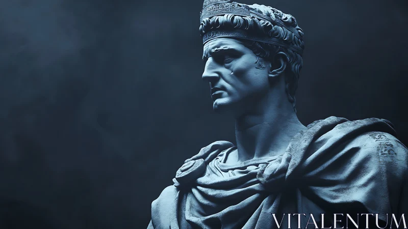 Classical male bust sculpture in blue directional light.