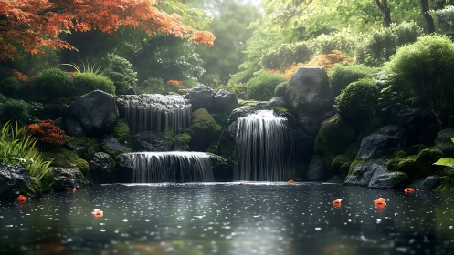 Tiered garden waterfall over mossy rocks in soft morning light