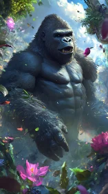 Colossal gorilla strides through luminous jungle bloom.
