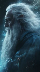 Ancient white-bearded wizard stands in swirling blue starlight
