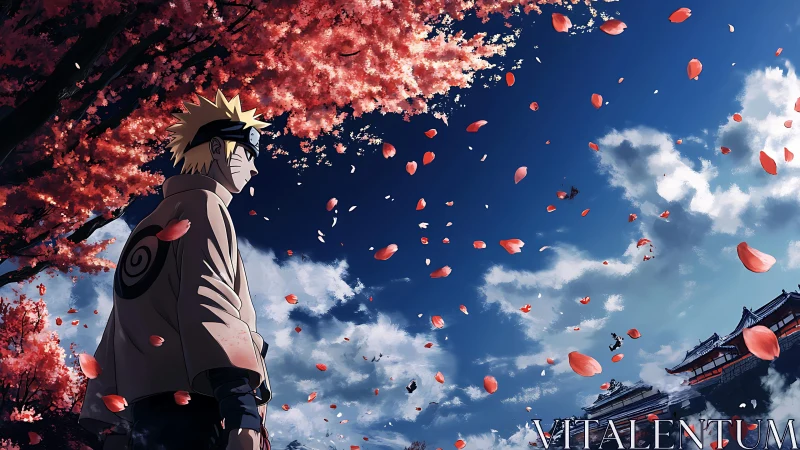 Storm-bright ninja watches cherry petals redraw the sky