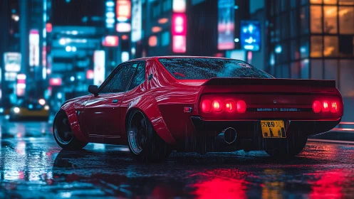 Red widebody retro coupe in neon-lit rainy urban alleyway