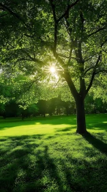 Sunlit tree casts long shadows across bright green lawn