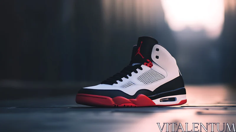 High-top sneaker stands on reflective surface in soft light