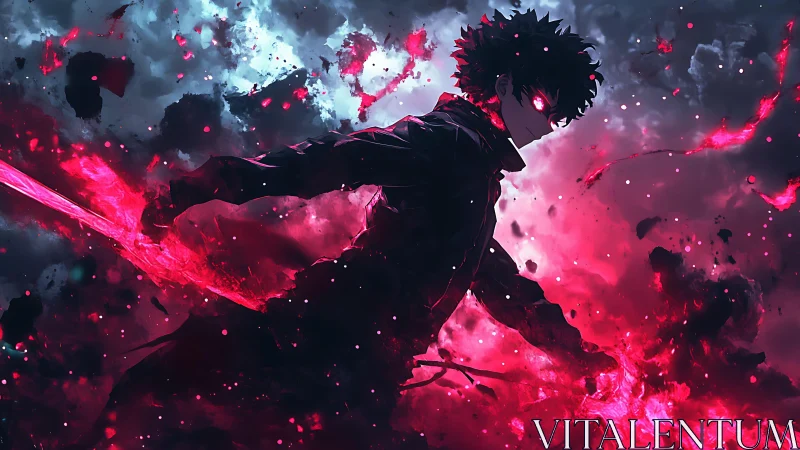Dark-haired anime warrior channeling crimson energy storm