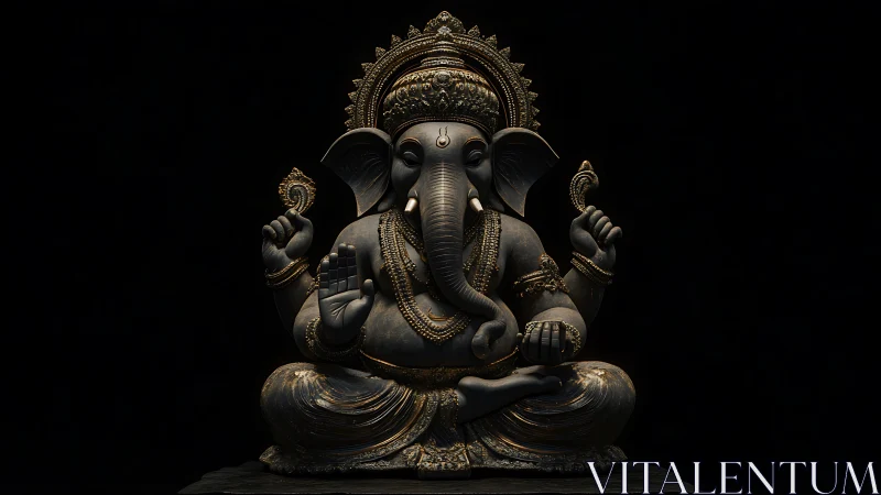 Serene Ganesha statue glowing softly in gentle darkness.