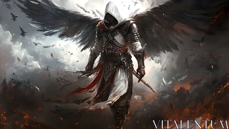 Dark-winged guardian strides through stormlit battlefield sky