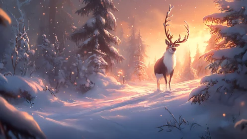 Cartoon reindeer stands in glowing winter forest sunset.