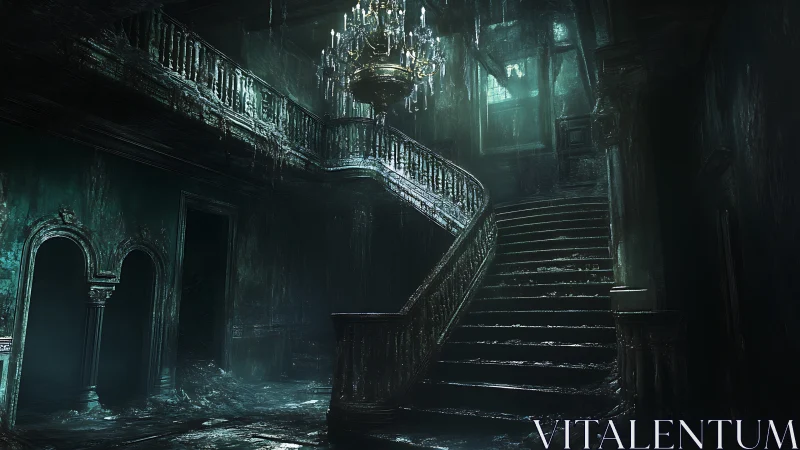 Decaying grand staircase in spectral teal-lit mansion interior.