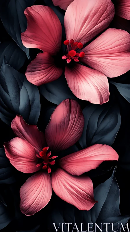 Pink Hibiscus Blooms. Dramatic Dark Backdrop.