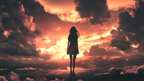 Silhouette girl drinking in a molten ember sunset sky.