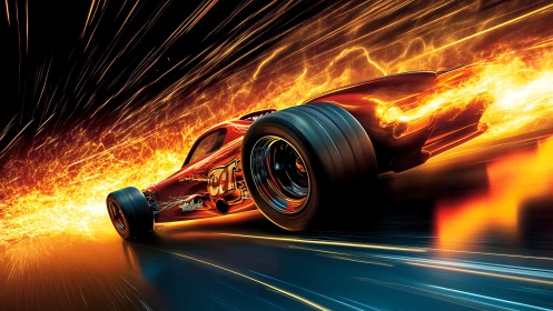 Streamlined racing car with flame trails on dark roadway.