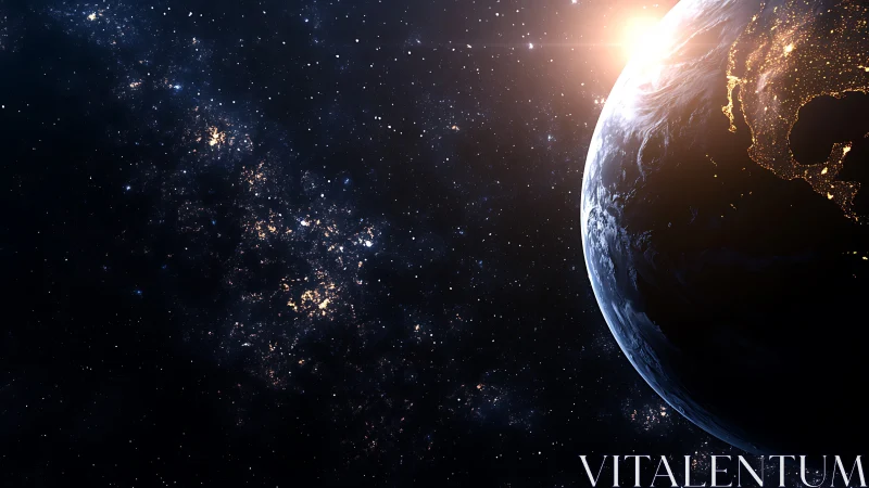 Sunlit Earth horizon with city lights against starfield.