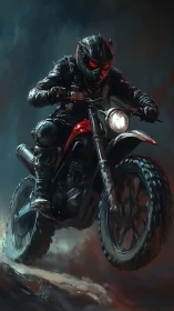 Nightfire rider with demon-eyed helmet storms the road.