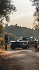 Vintage coupe is parked on rural dirt road at sunset