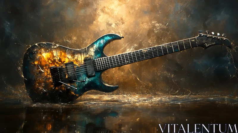 Electric guitar on reflective surface in textured light field.