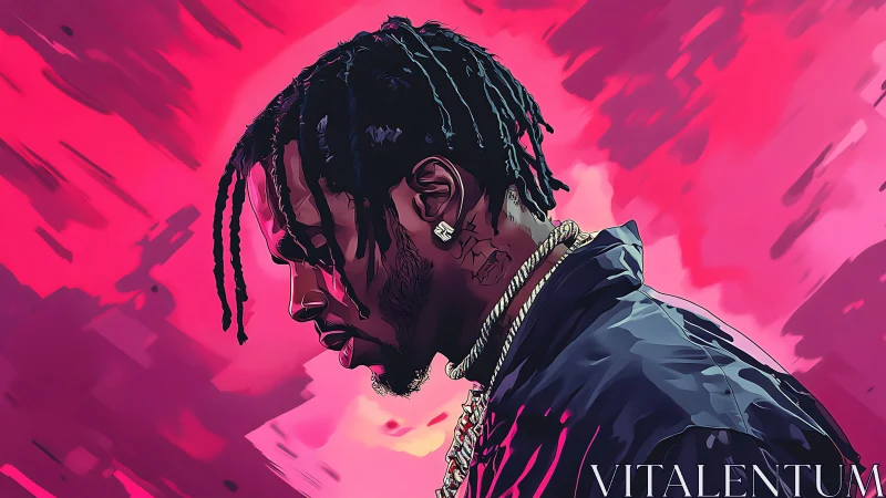 Profilic neon portrait of braided musician in pink gradient field